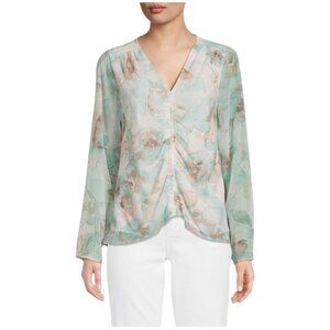 Calvin Klein Print Ruched V Neck Top, Watercolor Long Sleeves Women's Size 1X